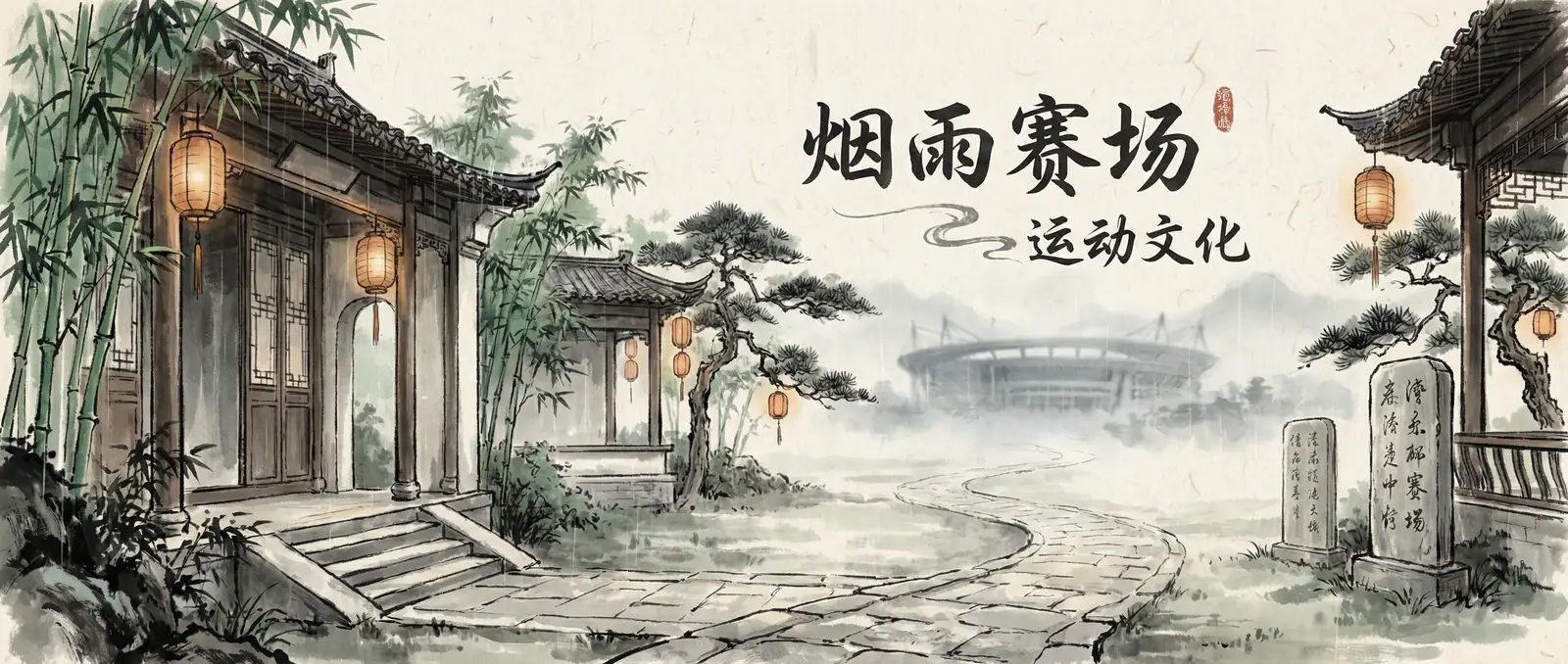 烟雨球场入口横幅，古典庭院与远处体育场的水墨画面